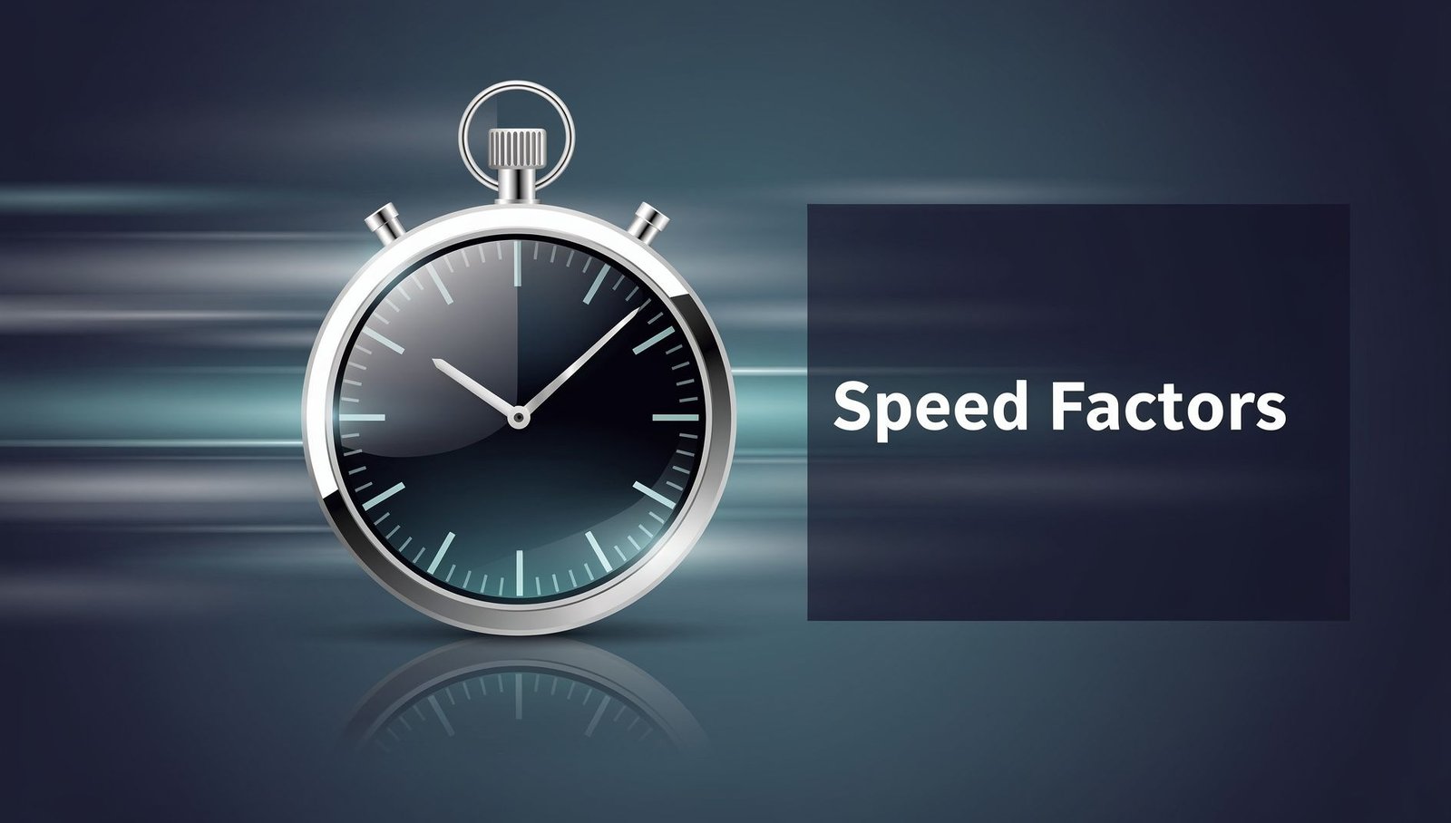 A silver stopwatch centered on a motion-blurred dark blue background with the text Speed Factors.