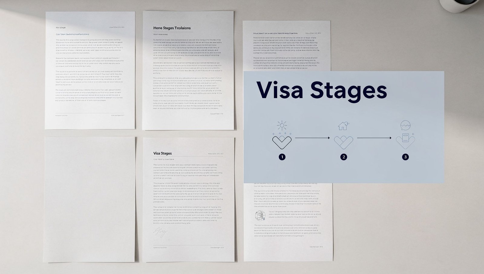 A conceptual layout showing printed documents and a diagram explaining the various stages of the UAE visa process.
