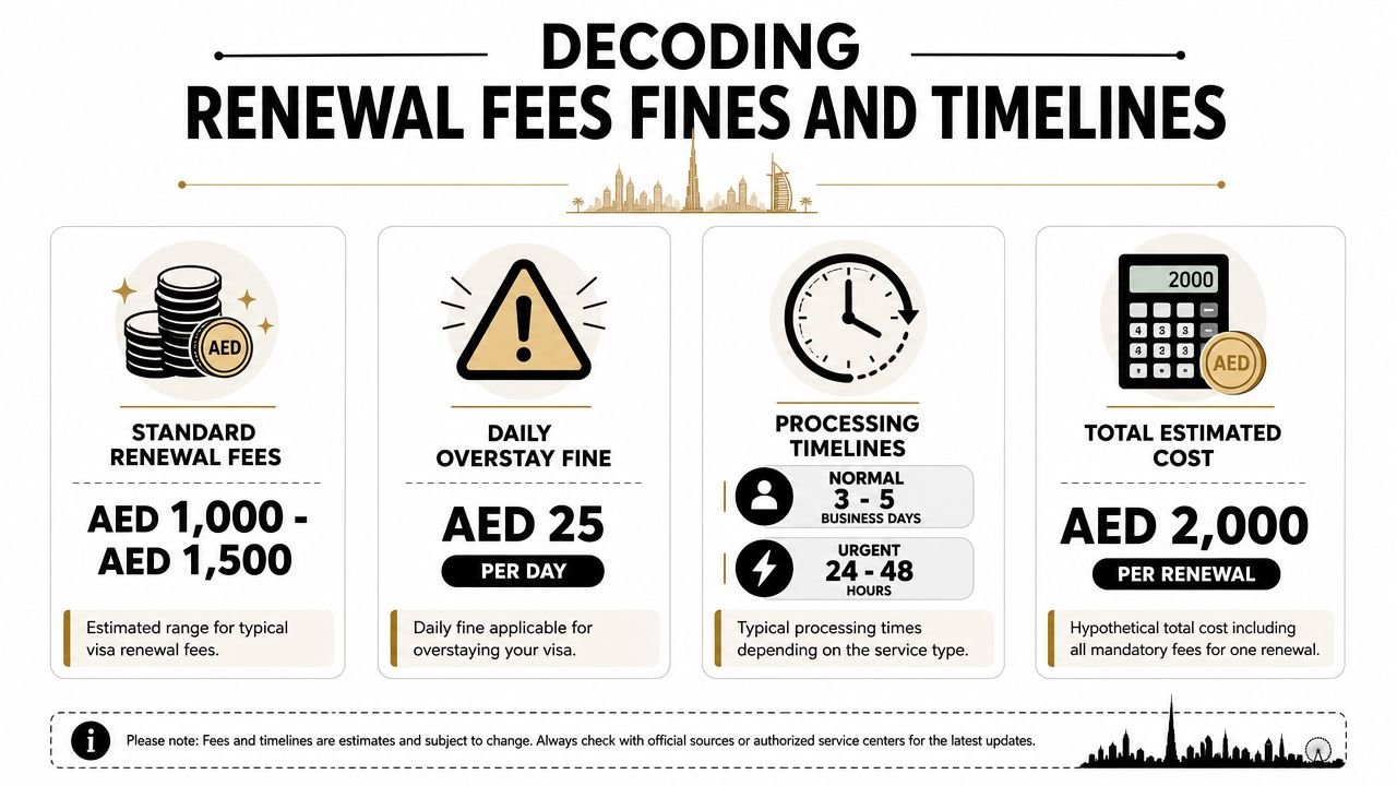 An infographic detailing typical Dubai visa renewal fees, overstay fines, processing timelines, and total estimated costs.