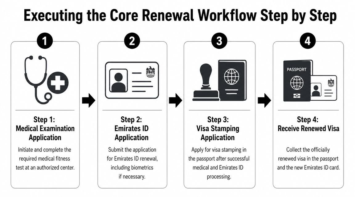 A four step infographic outlining the process for visa renewal in the United Arab Emirates.
