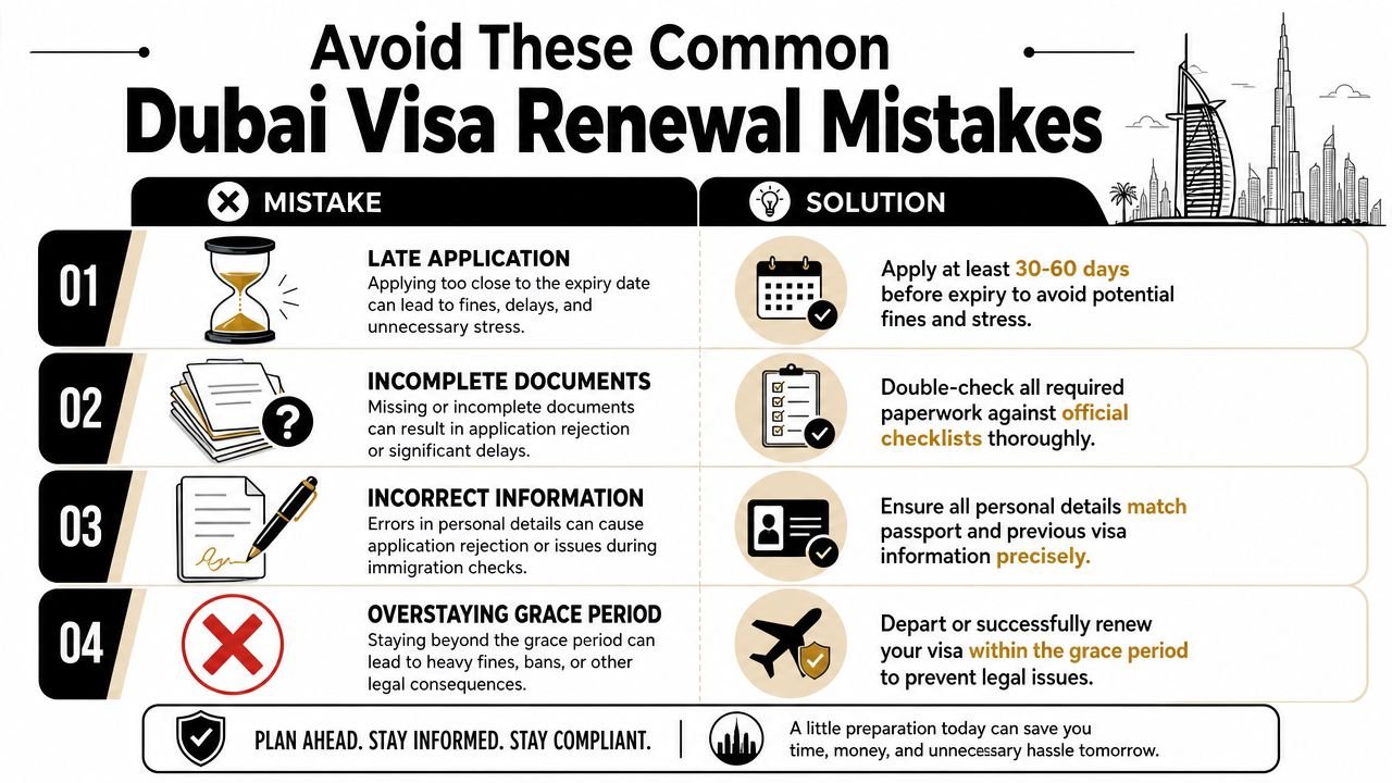 An infographic detailing four common mistakes to avoid during the Dubai visa renewal process for expats.