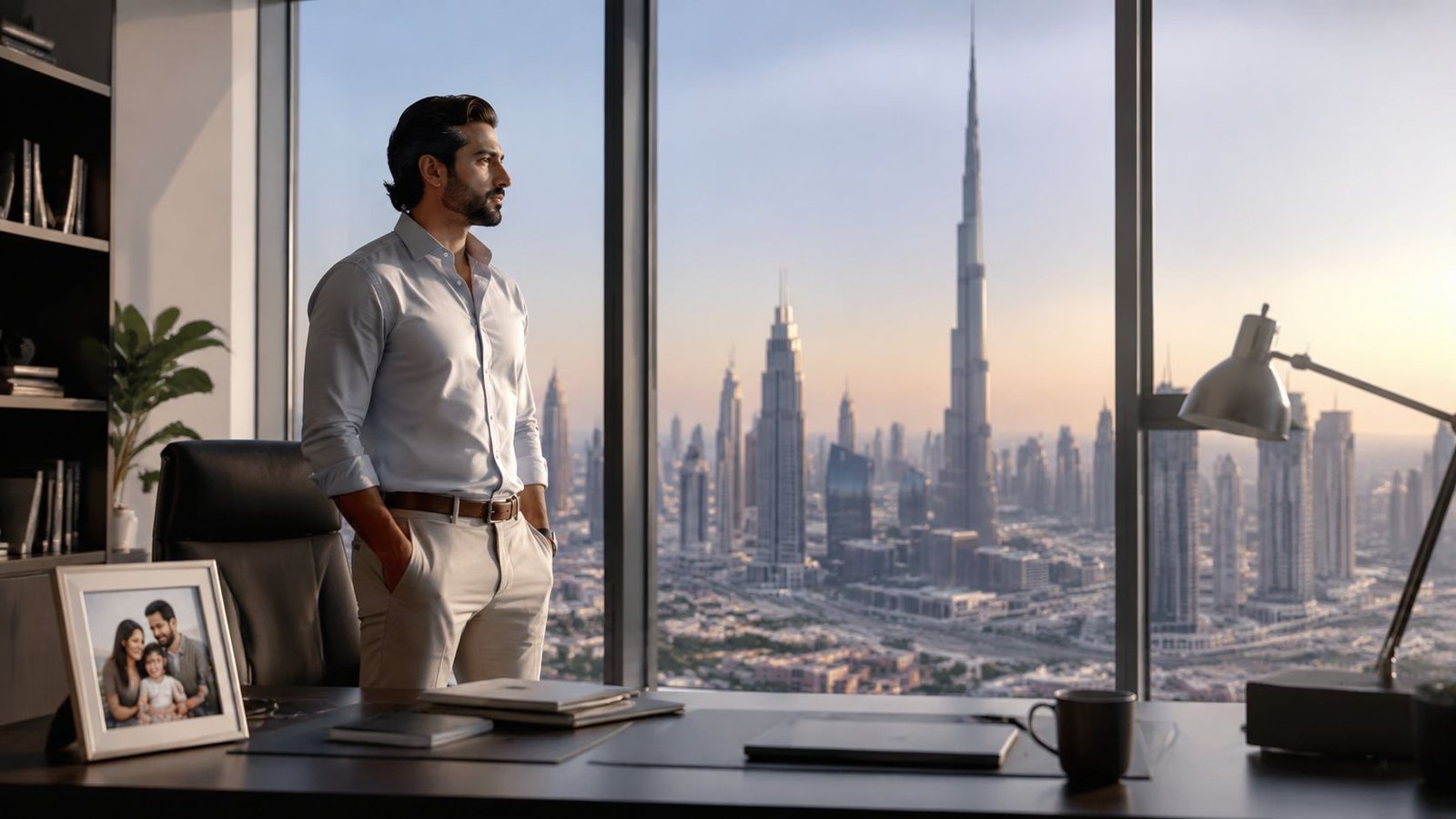 A professional man standing in his modern office overlooking the iconic Dubai skyline during sunset.