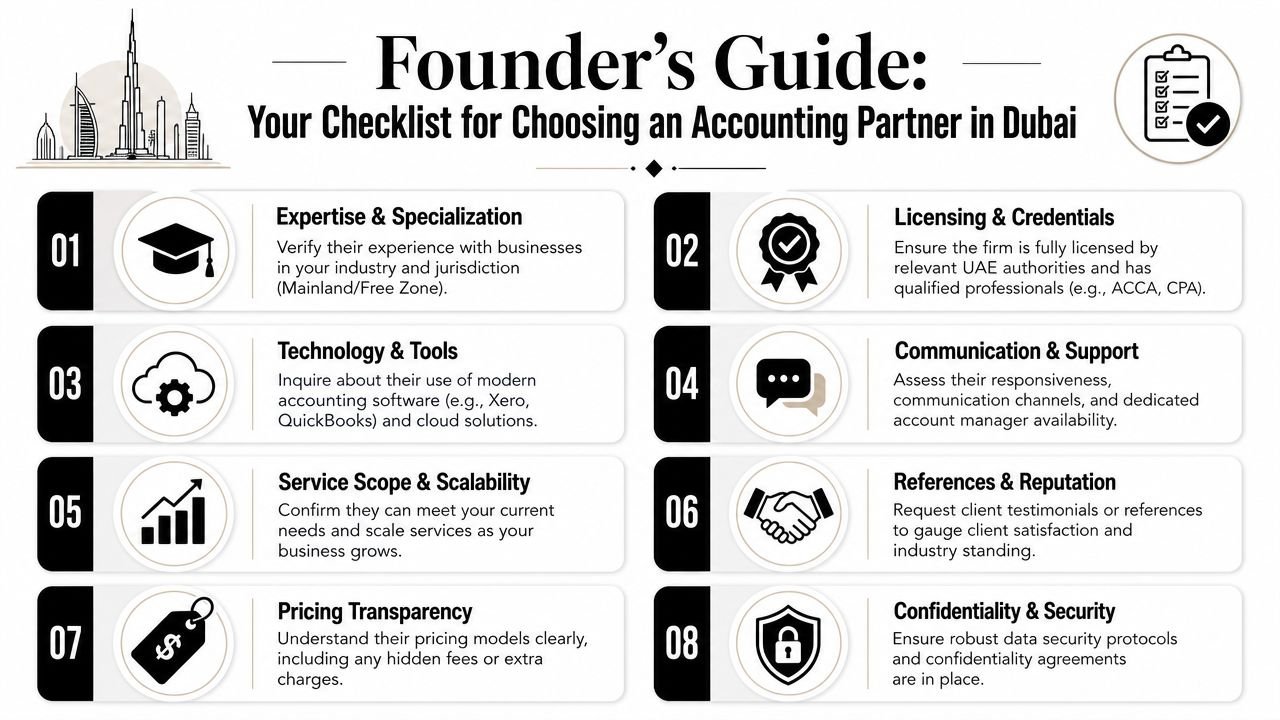 An infographic checklist for founders to evaluate and select the best accounting partner in Dubai, UAE.