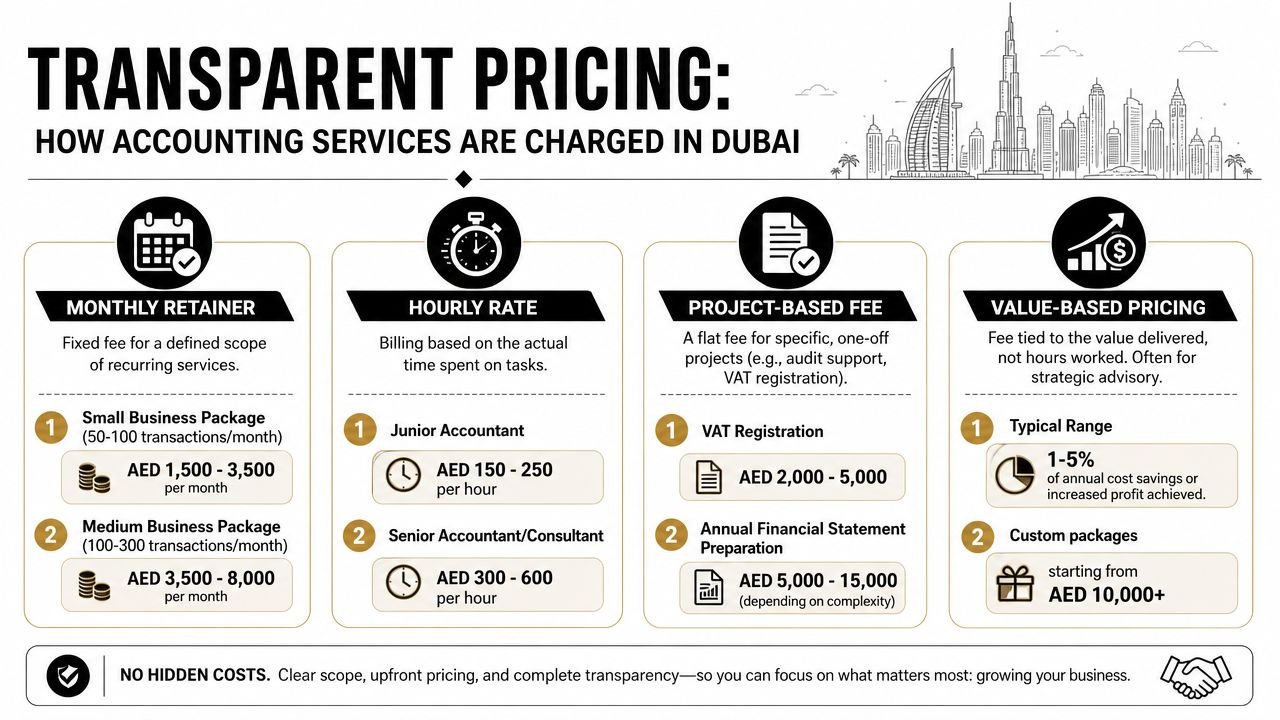 An infographic detailing various accounting service pricing models in Dubai, including monthly retainers, hourly rates, and projects.