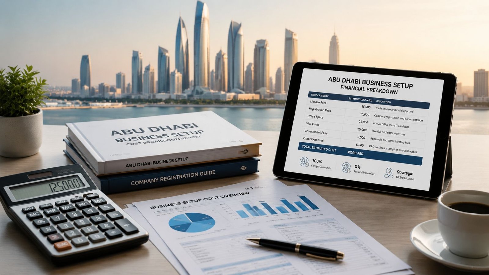 A professional desk setup featuring financial reports, a calculator, and a tablet showing Abu Dhabi business setup costs.