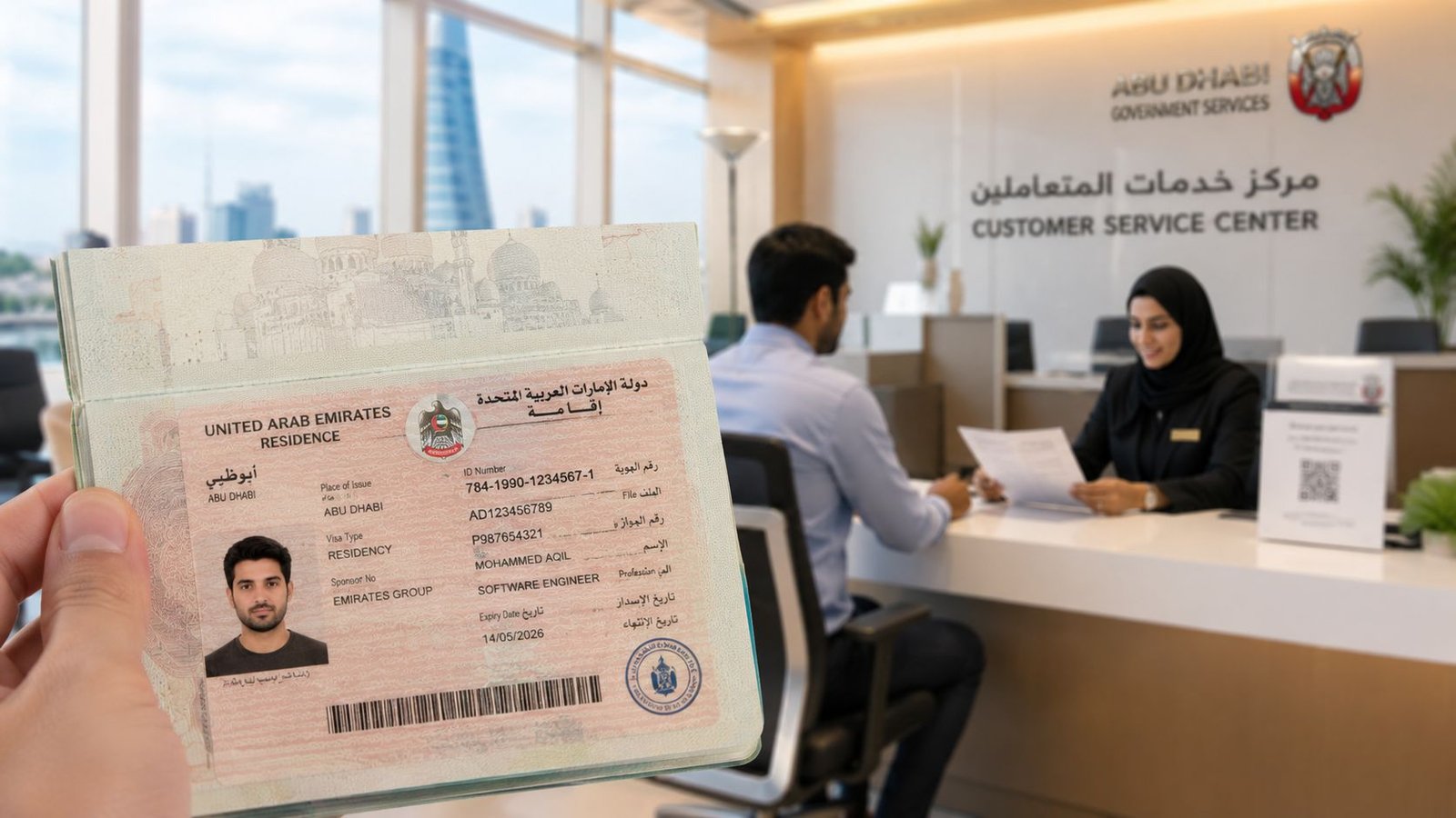 A hand holding a UAE residency visa card in front of an Abu Dhabi government service center.