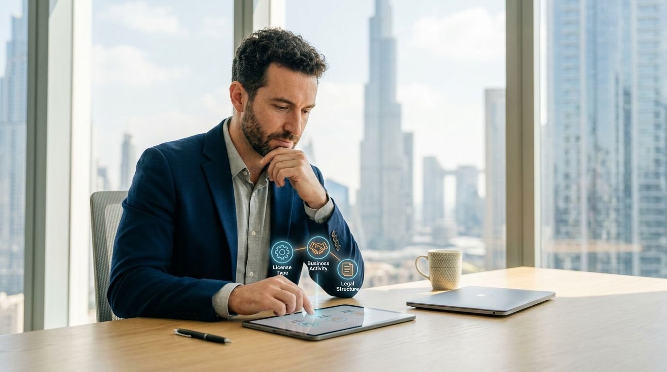 A professional man in a business suit working on a digital tablet in a modern office with city views.