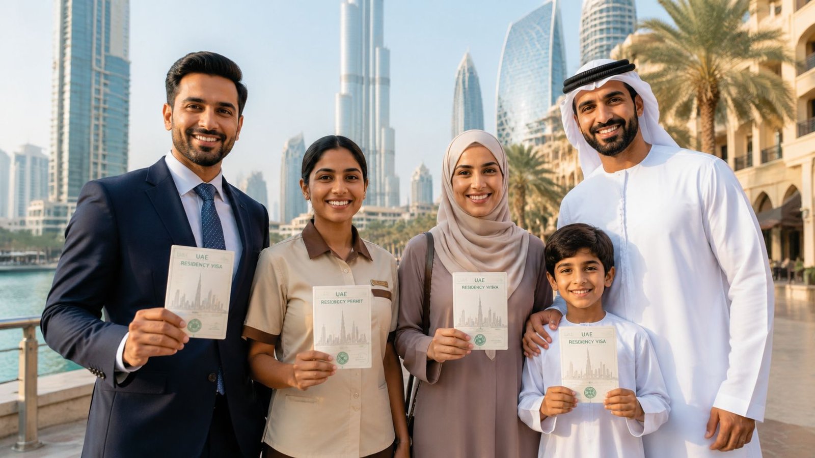 A happy diverse family posing with their UAE residency visa documents in front of Dubai skyscrapers.