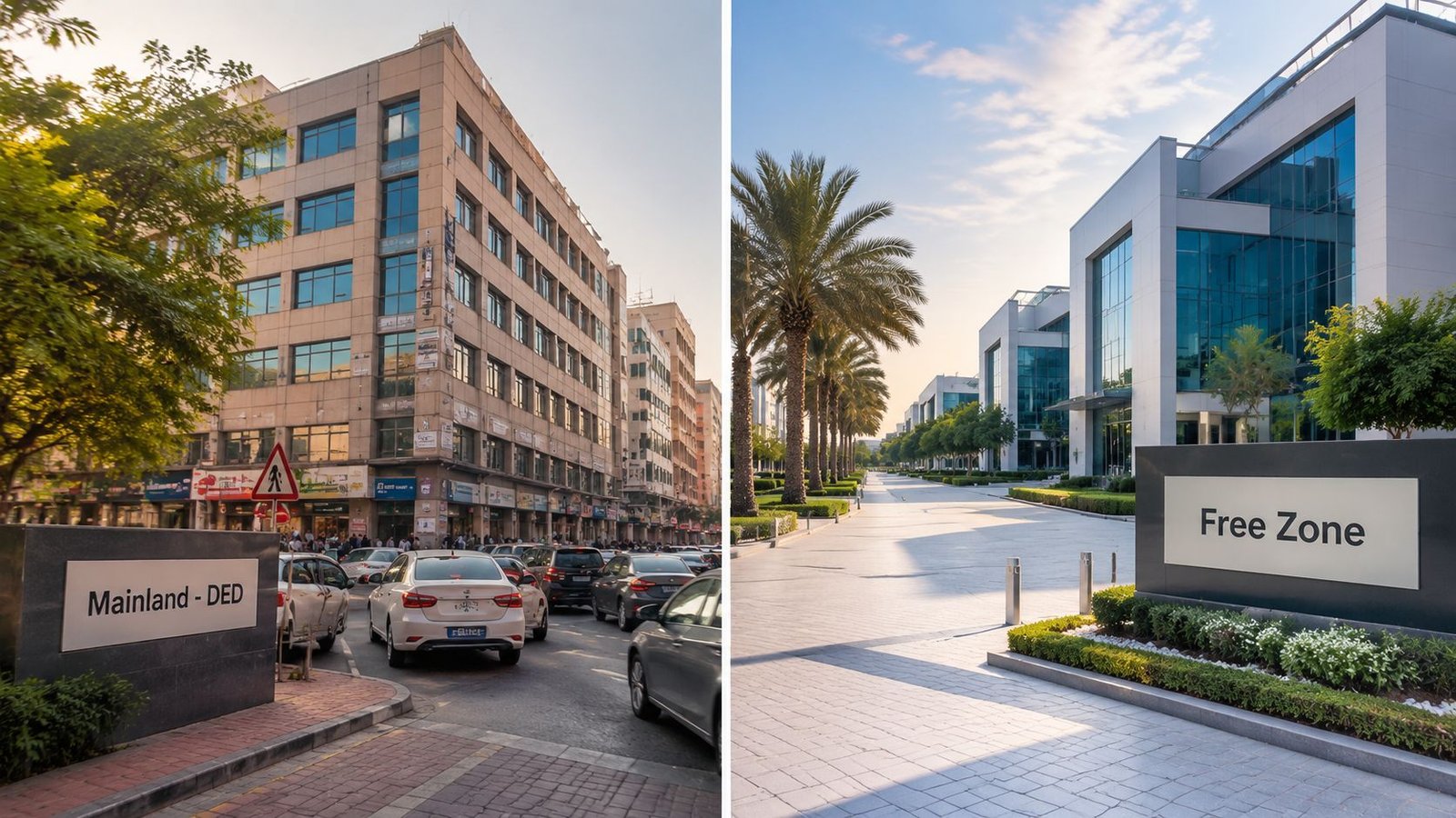A split image comparing a busy city street in the UAE Mainland with a quiet Free Zone.