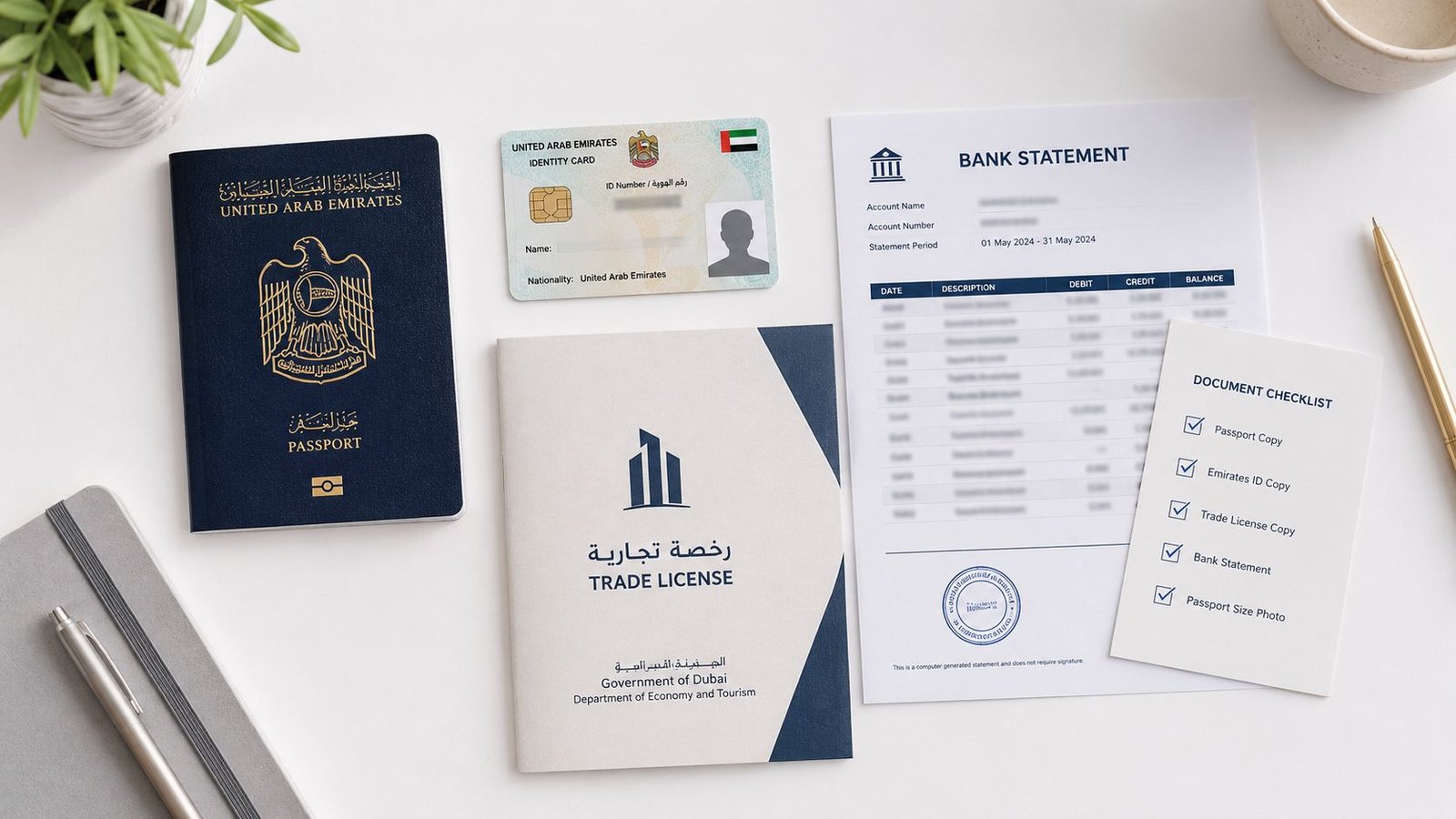 A flatlay of official documents including a UAE passport, ID card, trade license, and bank statement.
