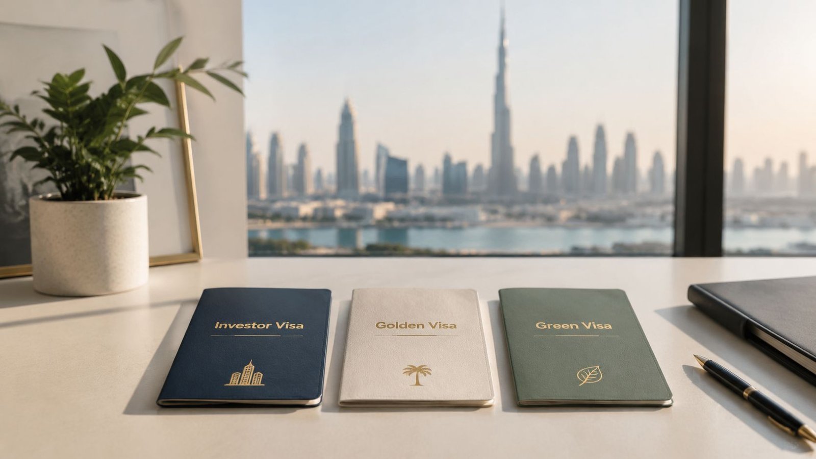 Three UAE visa passports displayed on a desk with a blurred Dubai skyline view in the background.