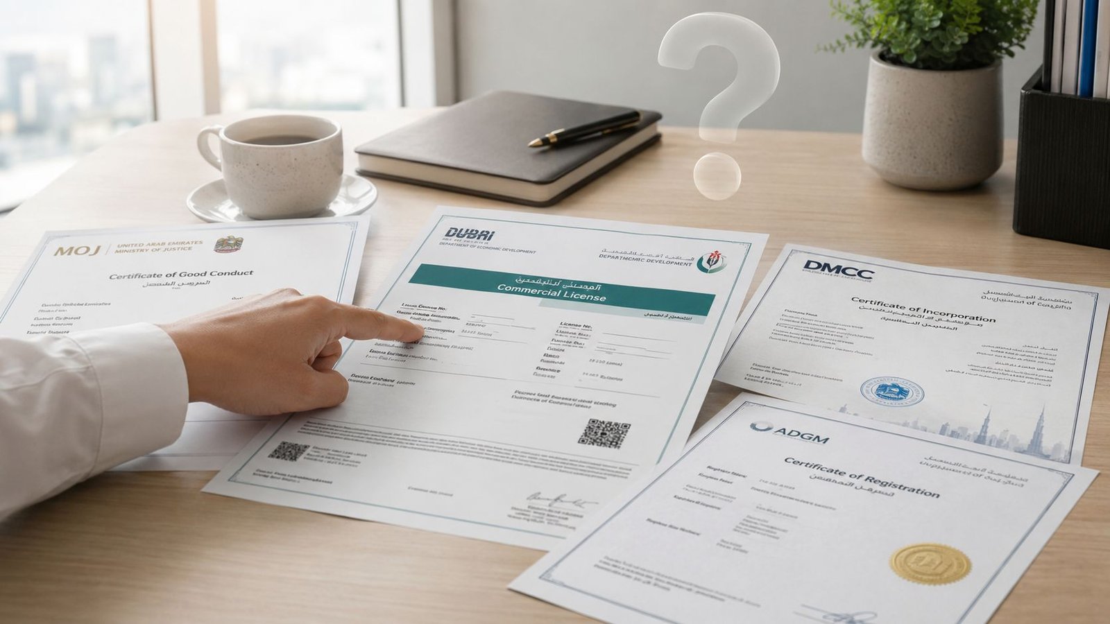 A person's hand pointing at a commercial business license document on an office desk filled with legal certificates.
