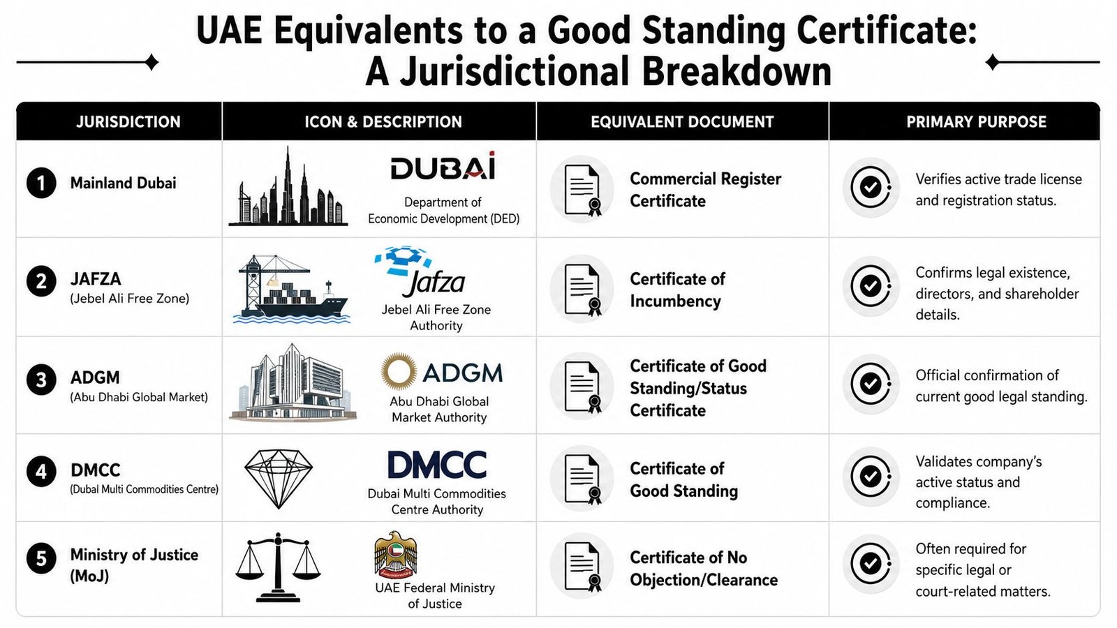 A table outlining various UAE jurisdiction equivalents to a good standing certificate for business entities.