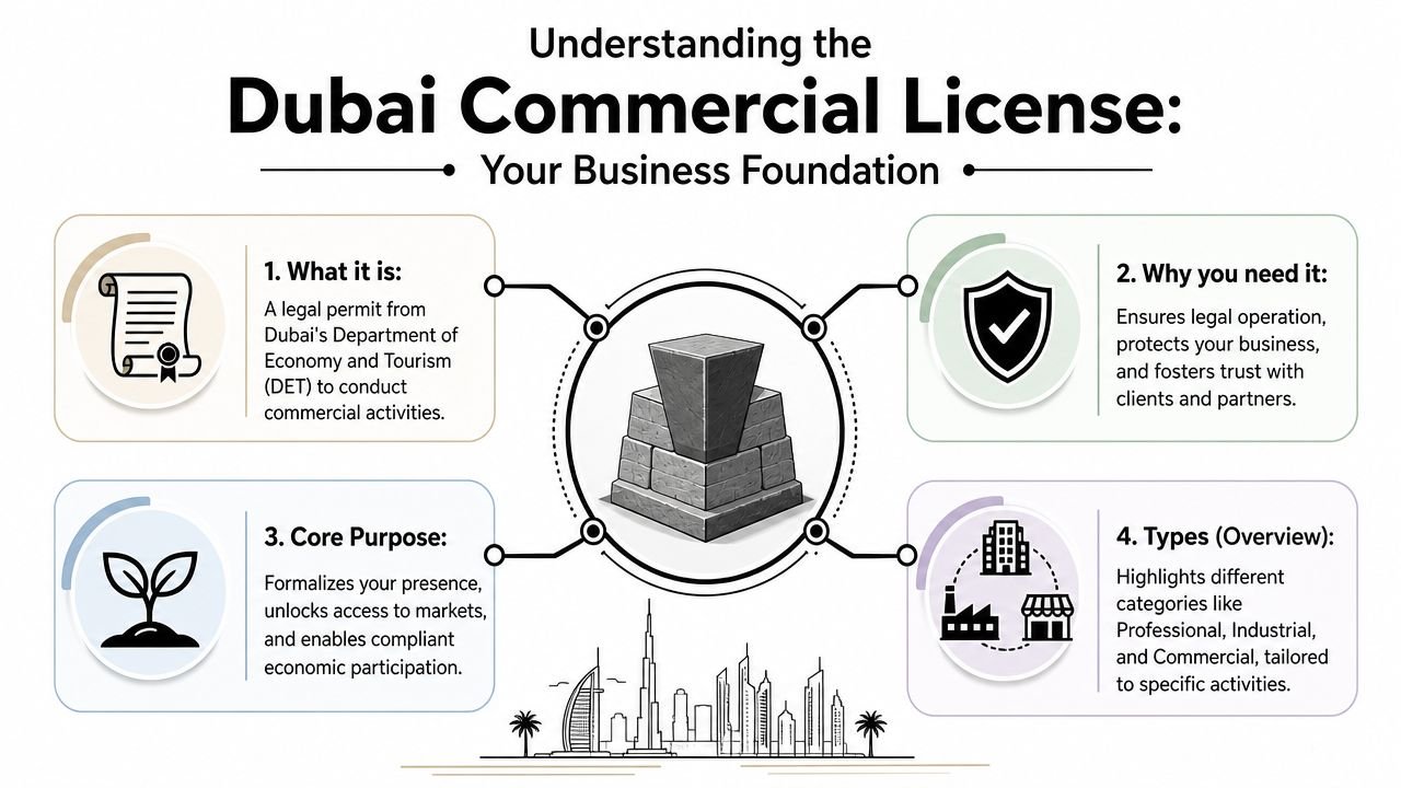 An infographic titled Understanding the Dubai Commercial License detailing its definition, importance, purpose, and different types.