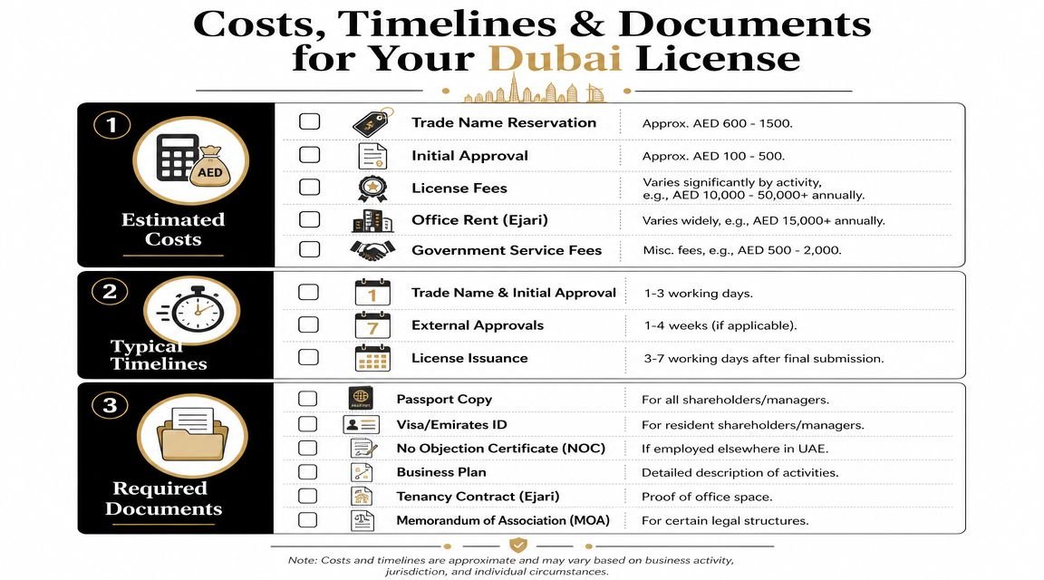 A checklist infographic outlining estimated costs, typical timelines, and required documents for obtaining a commercial license in Dubai.