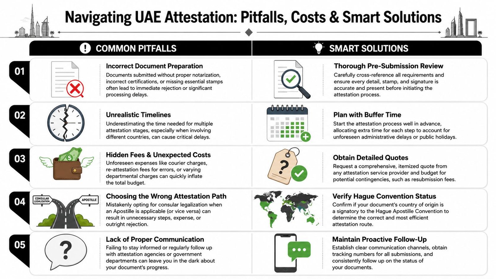 A guide listing five common pitfalls and smart solutions for navigating the UAE document attestation process.