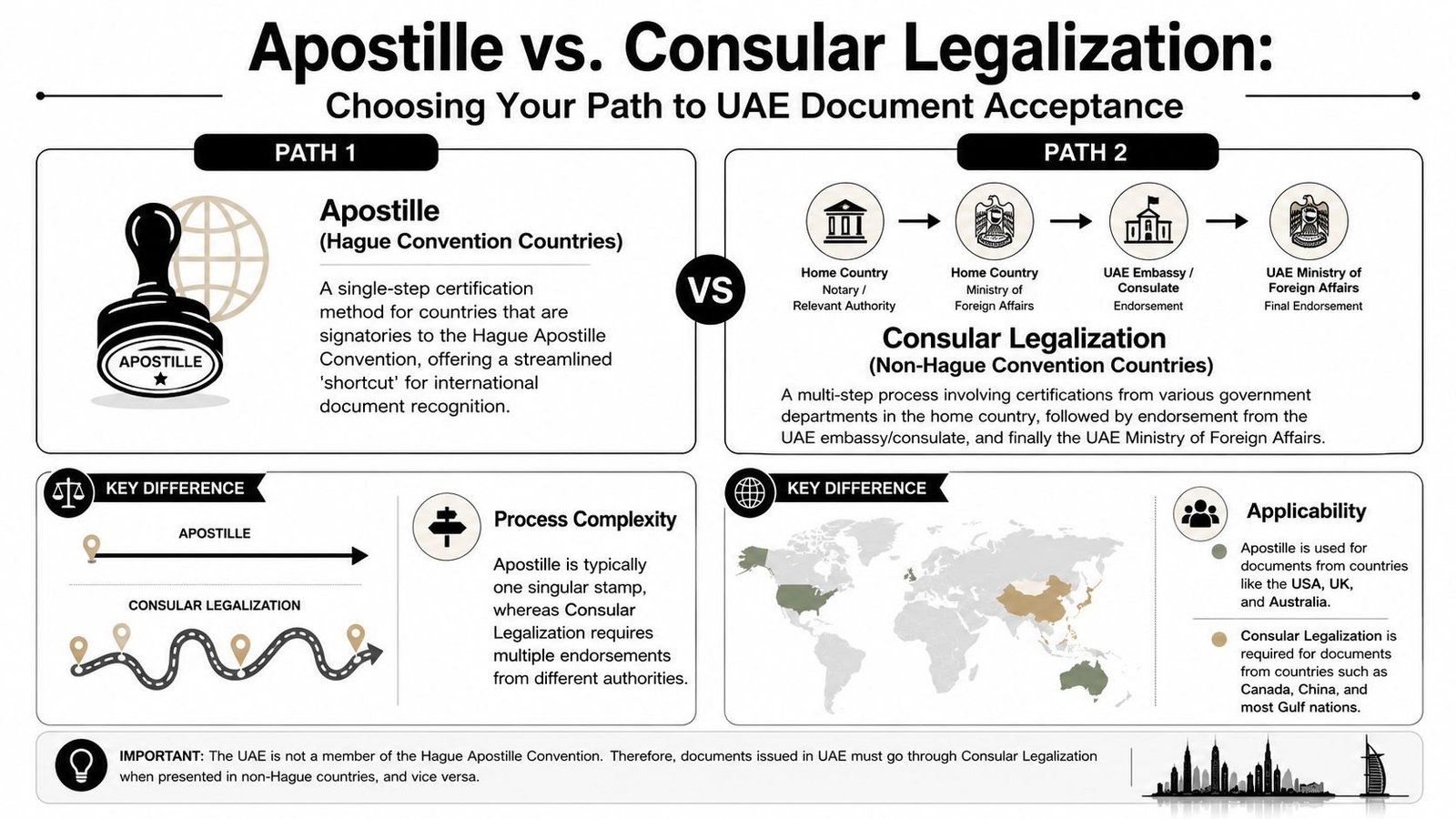 An infographic comparing the Apostille process for Hague Convention countries versus the multi-step Consular Legalization for others.