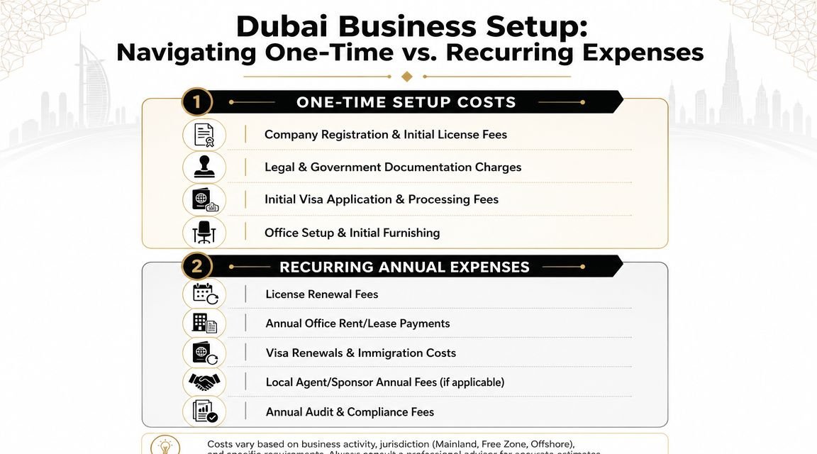 An infographic detailing one-time setup costs versus recurring annual expenses for business setup in Dubai.