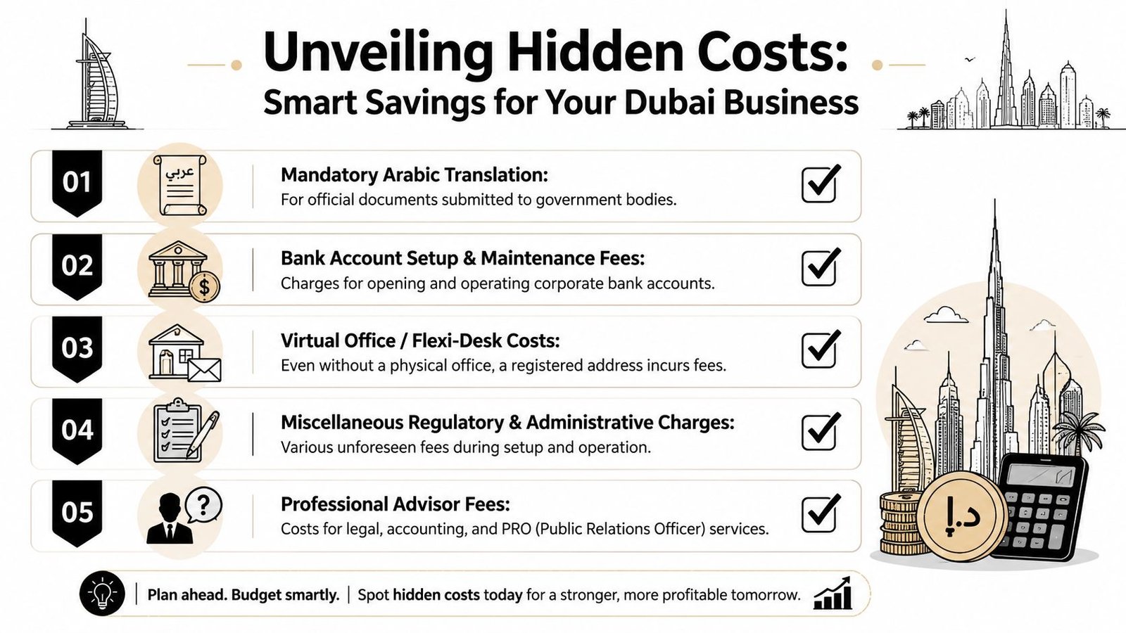 An infographic titled Unveiling Hidden Costs for Dubai businesses, listing five common administrative and regulatory expense categories.