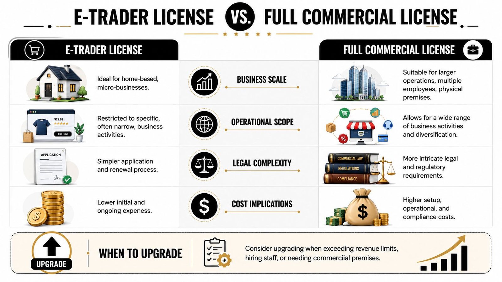 A comparison chart outlining the key differences between an E-Trader License and a Full Commercial License.