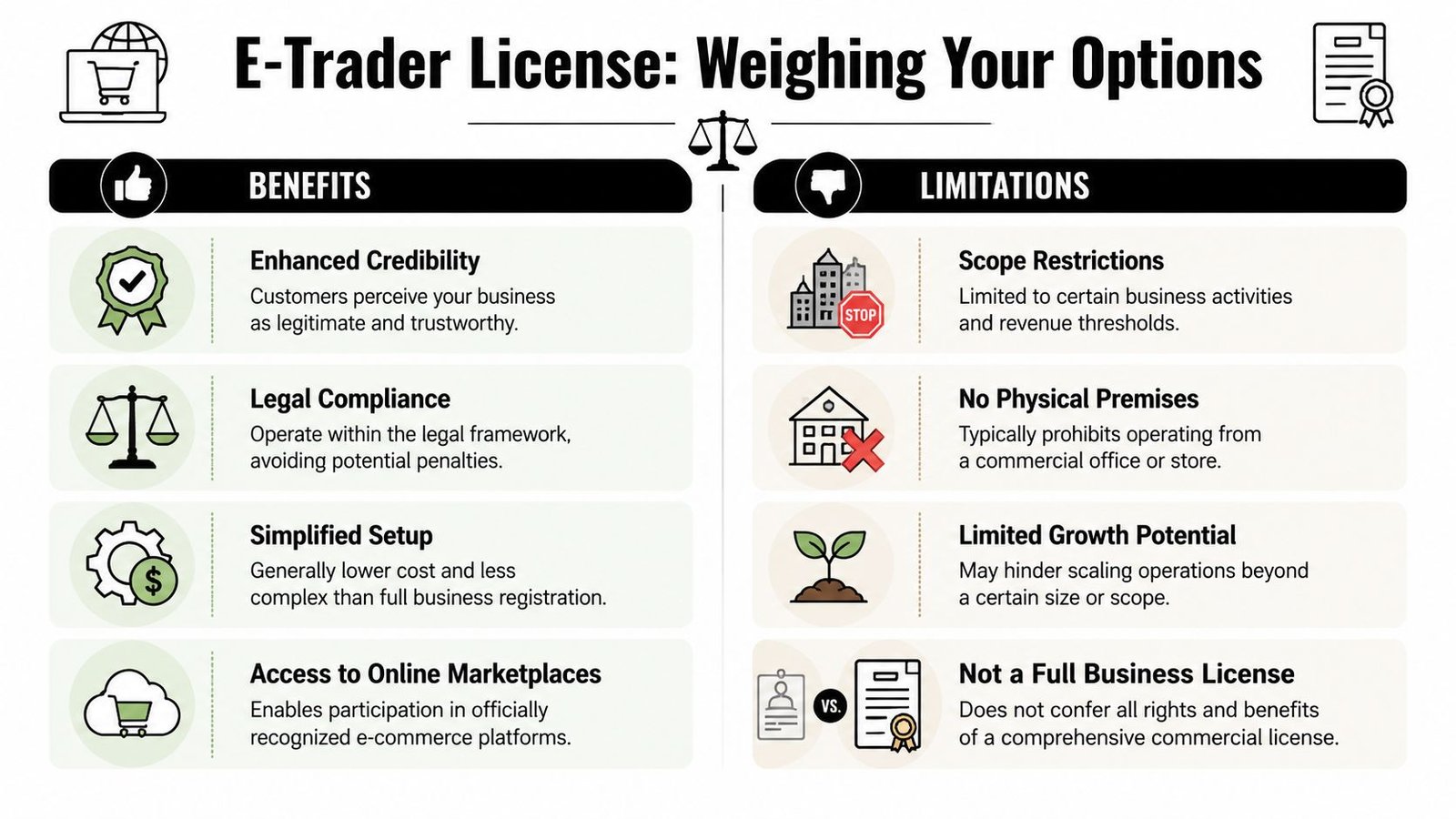 A comparison chart outlining the key benefits and limitations of obtaining an e-trader business license.
