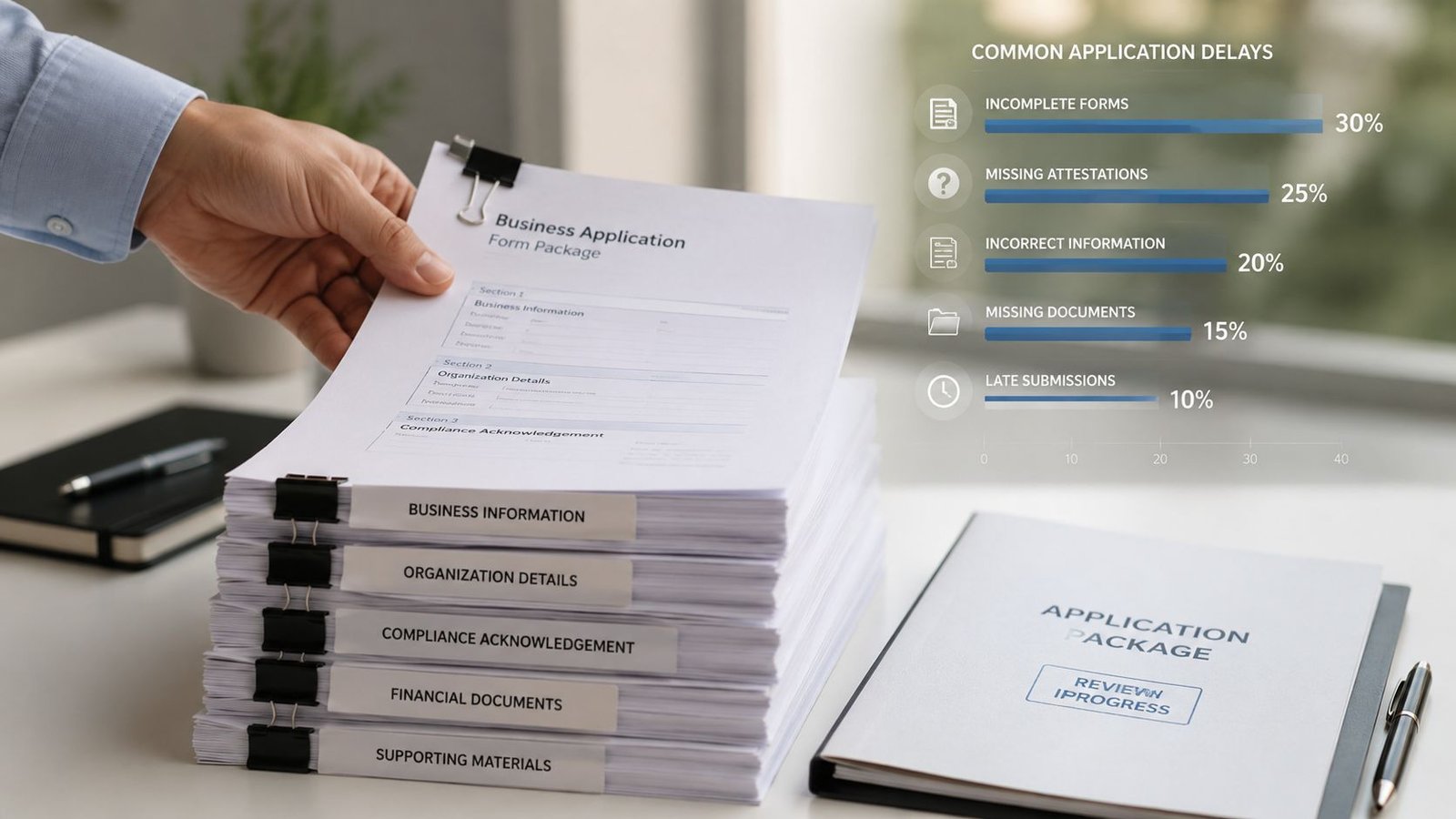 A professional hand holding a business application package over a large stack of organized compliance documents.