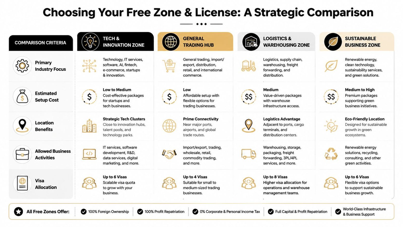 A strategic comparison chart detailing different free zone types, license options, costs, and business benefits.