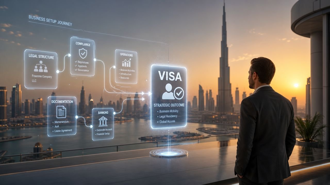 A professional man overlooking the Dubai skyline with a holographic business setup and visa interface.