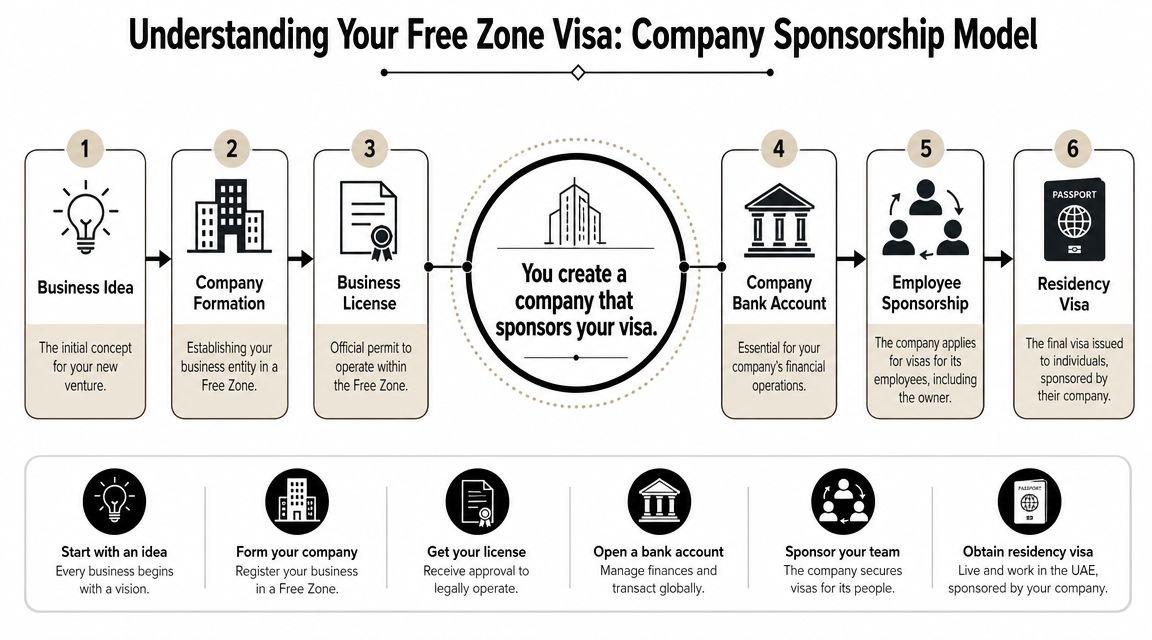 A six-step infographic illustrating the process of obtaining a free zone visa through company sponsorship.