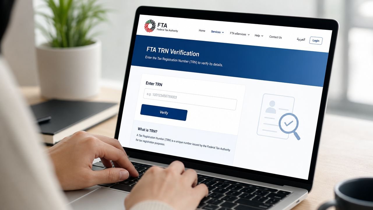 A person typing on a laptop screen showing the Federal Tax Authority TRN verification web page.