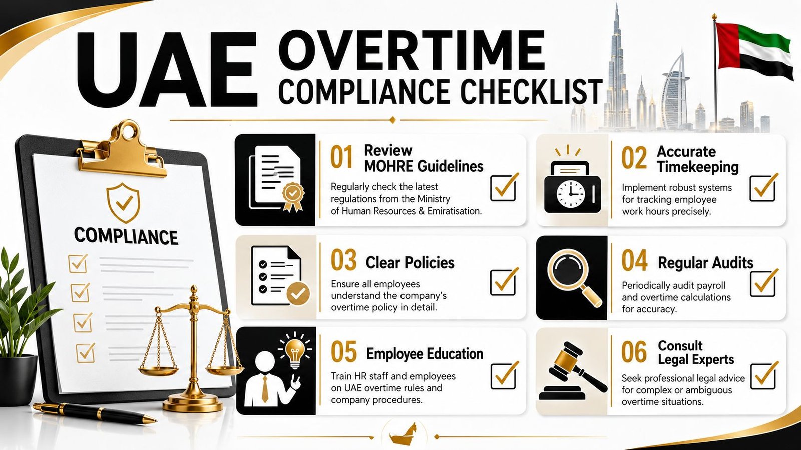 A professional infographic outlining six essential compliance steps for managing employee overtime in the United Arab Emirates.