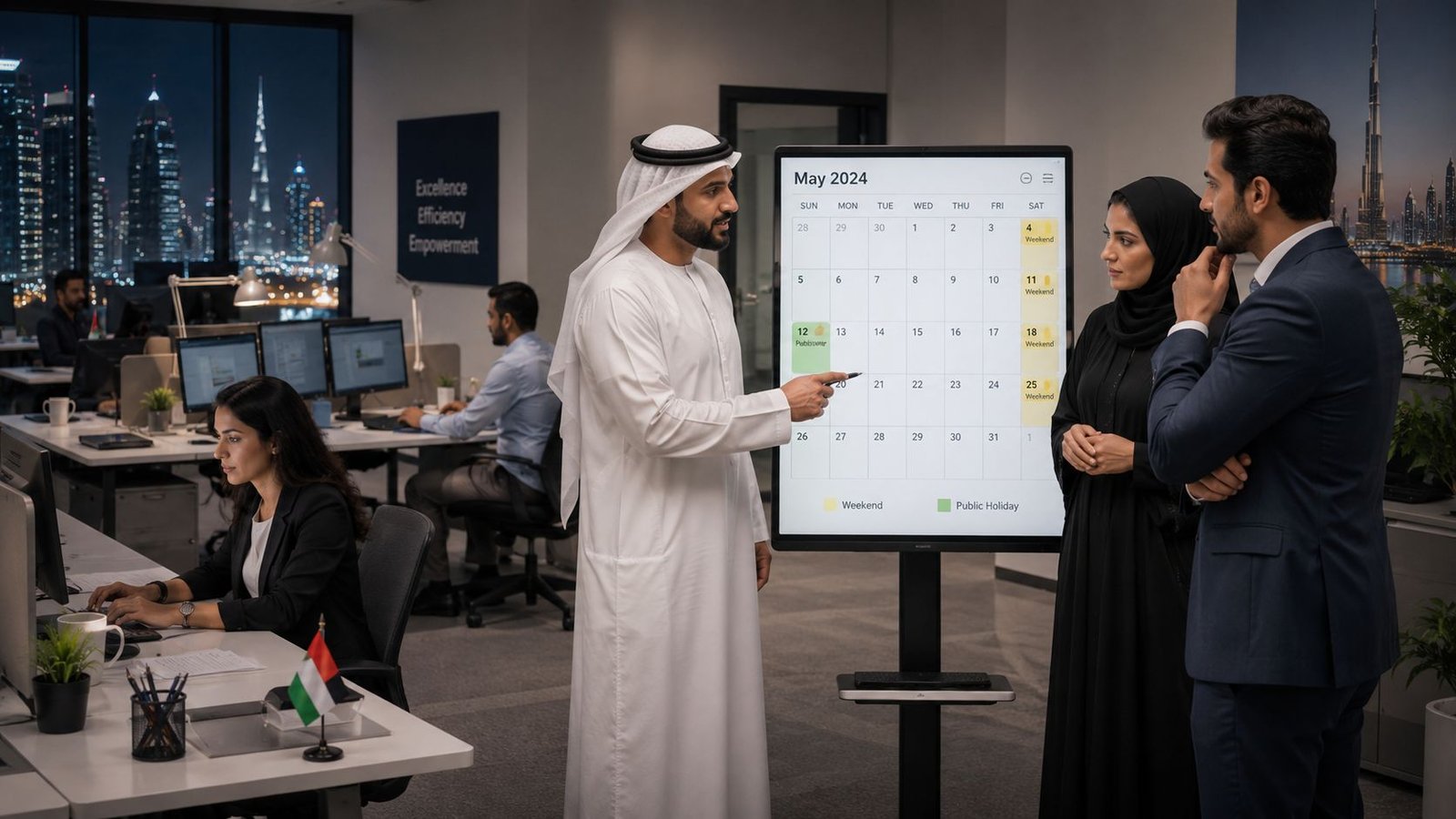 A professional team discussing scheduling and overtime in a modern Dubai office environment with a digital calendar.