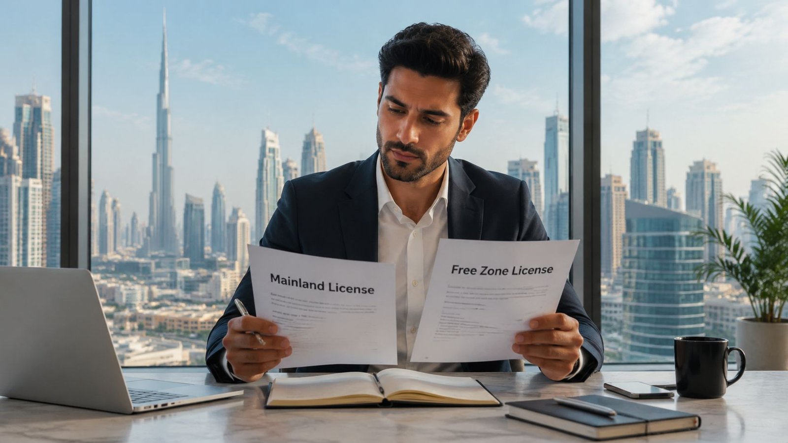 A professional man holding Mainland and Free Zone business license documents in a Dubai office.