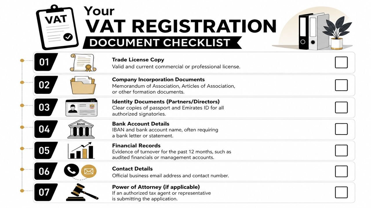 A checklist for VAT registration in the UAE, featuring seven essential business documents required for compliance.