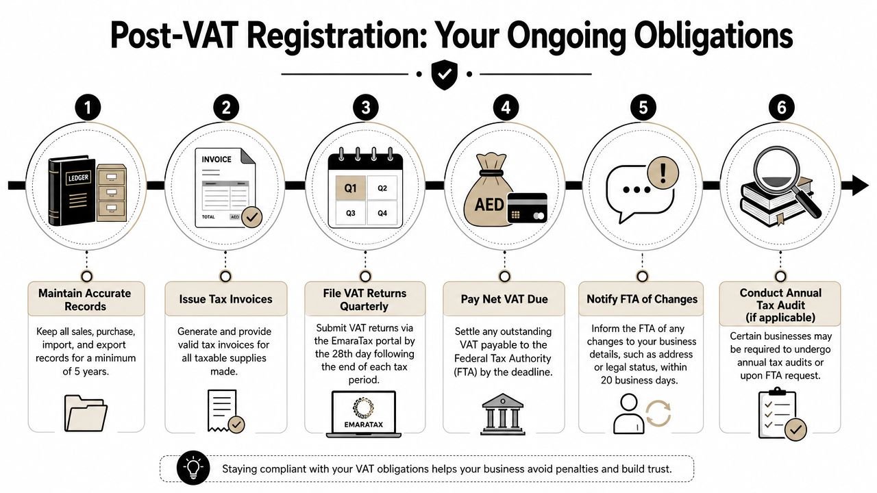 A six-step infographic detailing the ongoing VAT obligations for businesses after registration in the UAE.