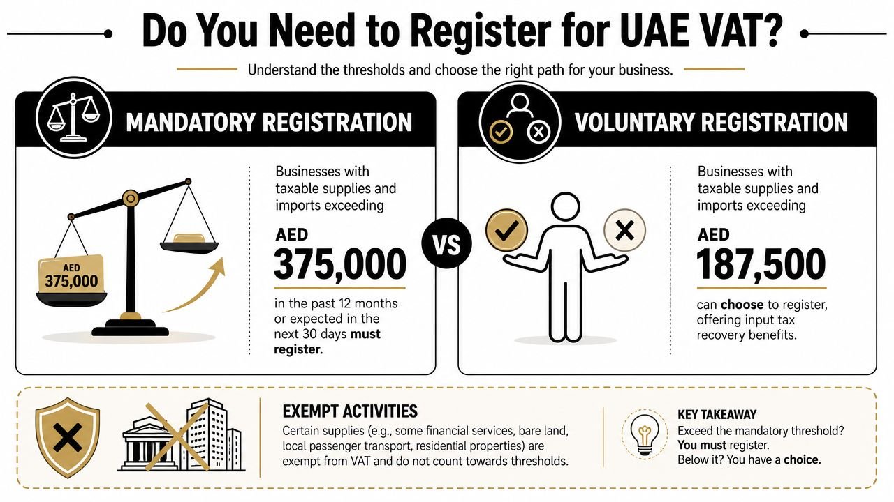 An infographic explaining UAE VAT registration thresholds for mandatory and voluntary business tax compliance.