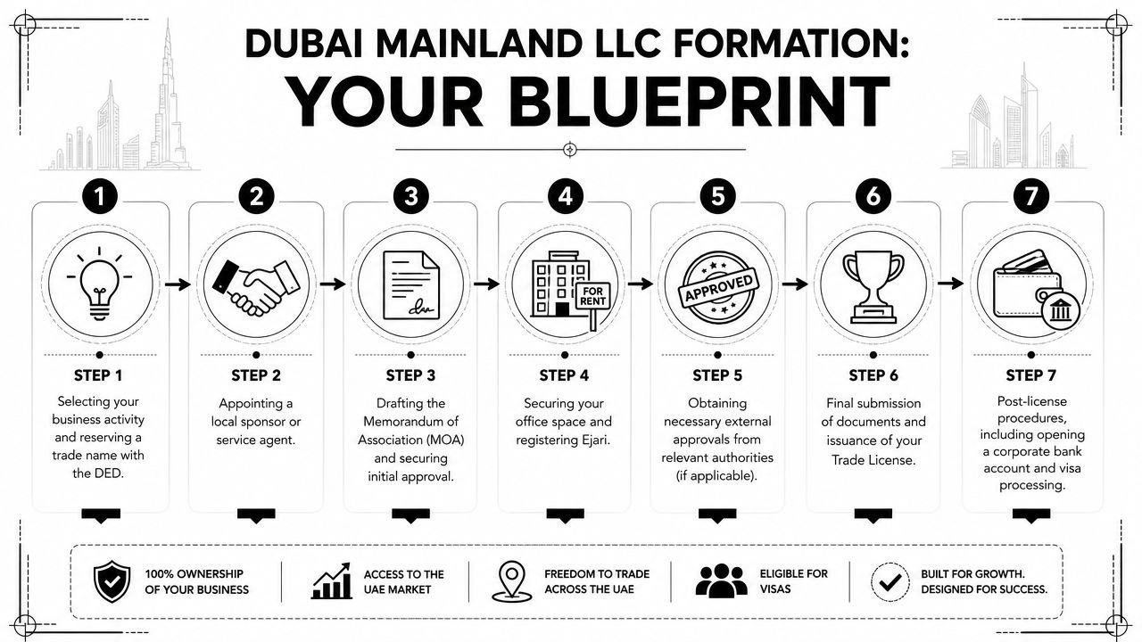 A visual guide outlining the seven steps for setting up an LLC company in Dubai mainland.