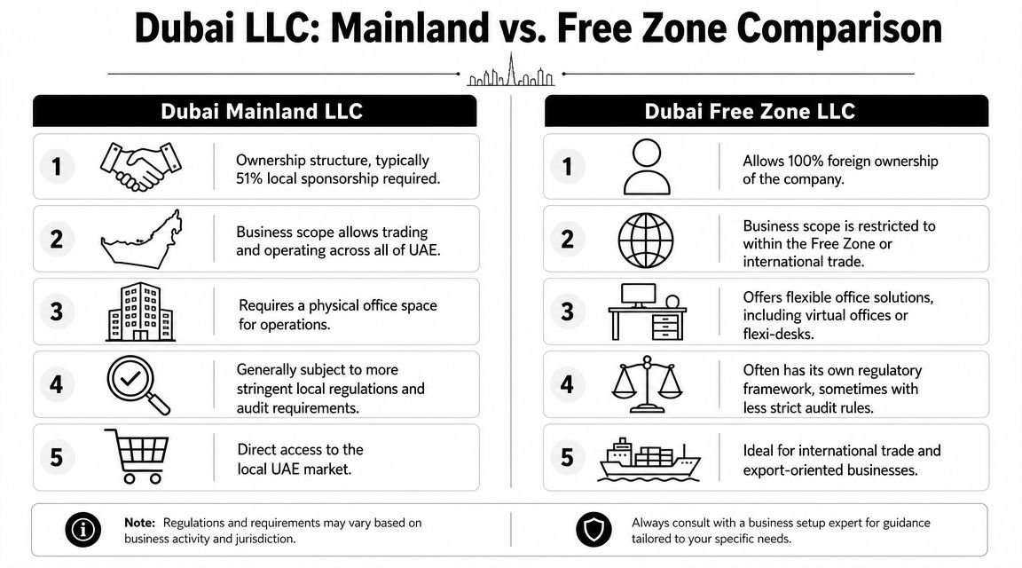 A comparison table outlining the key differences between Dubai Mainland LLC and Dubai Free Zone LLC company structures.