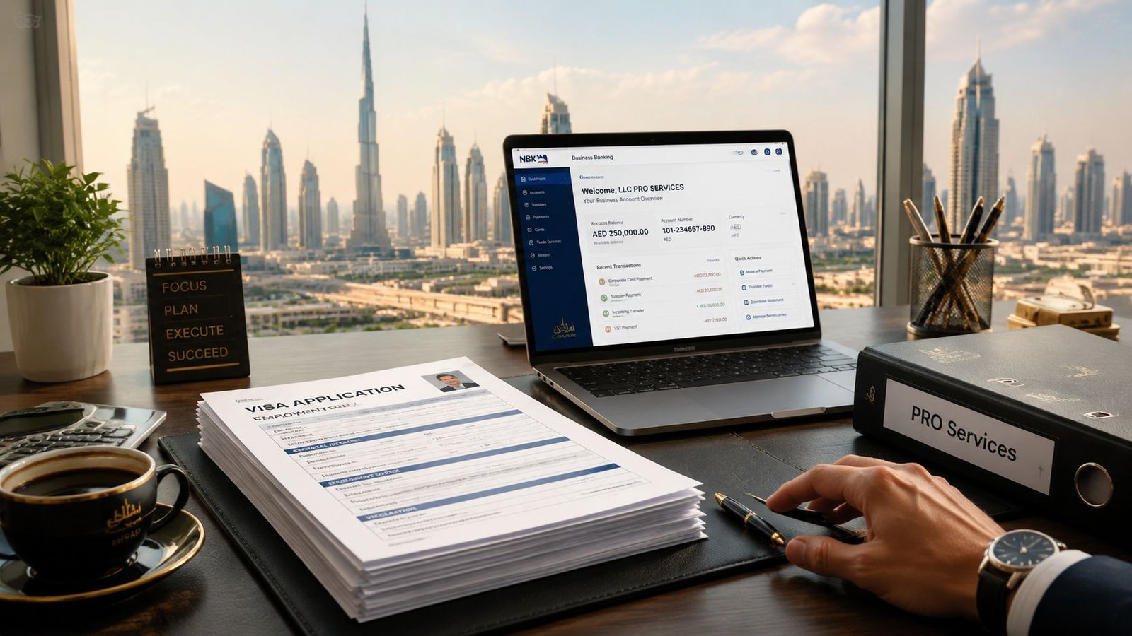 A professional desk in Dubai overlooking the skyline with business documents, a laptop showing banking and visa applications.