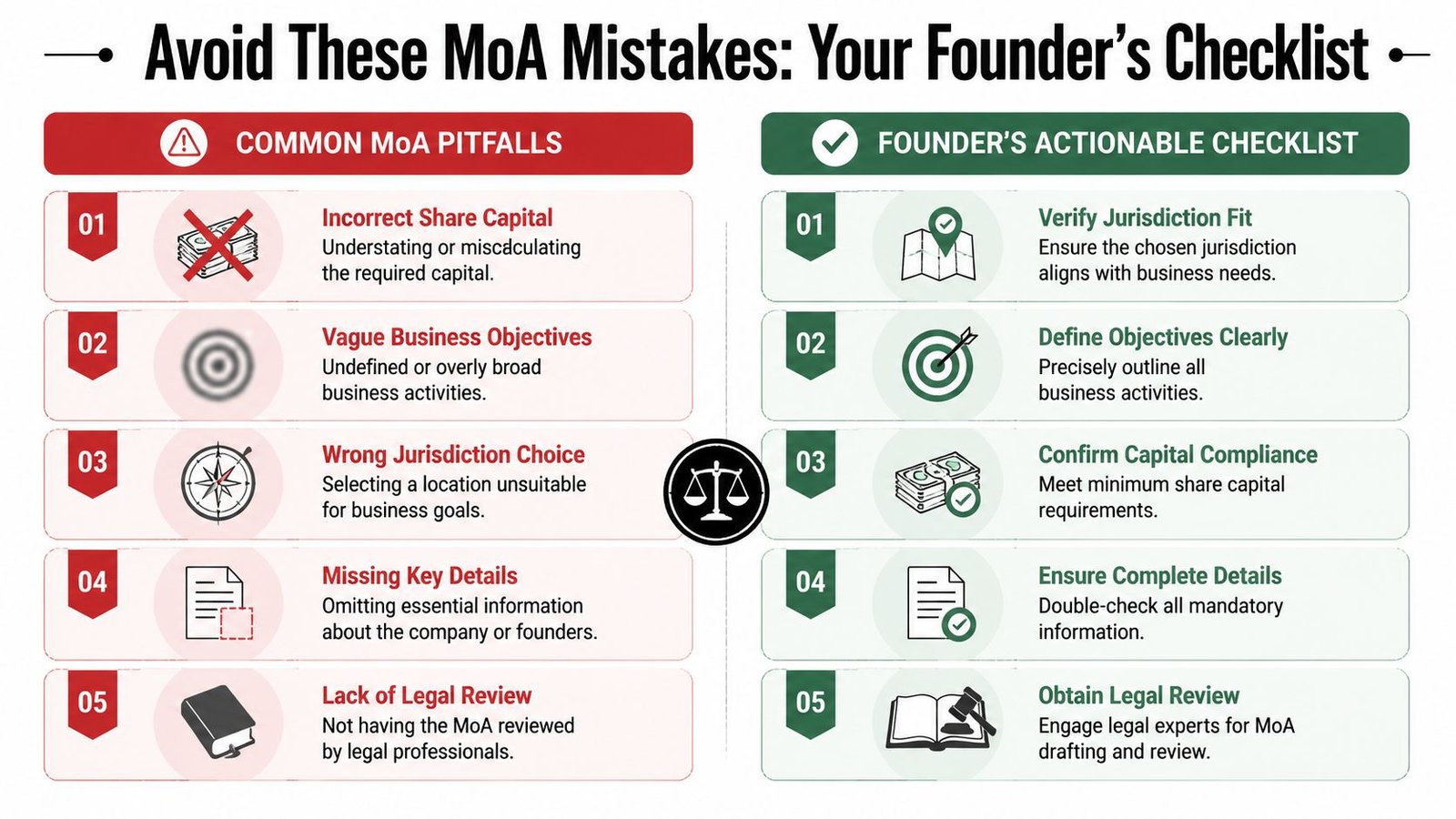 A comparative chart showing common memorandum of association pitfalls alongside a founder's actionable checklist for business incorporation.