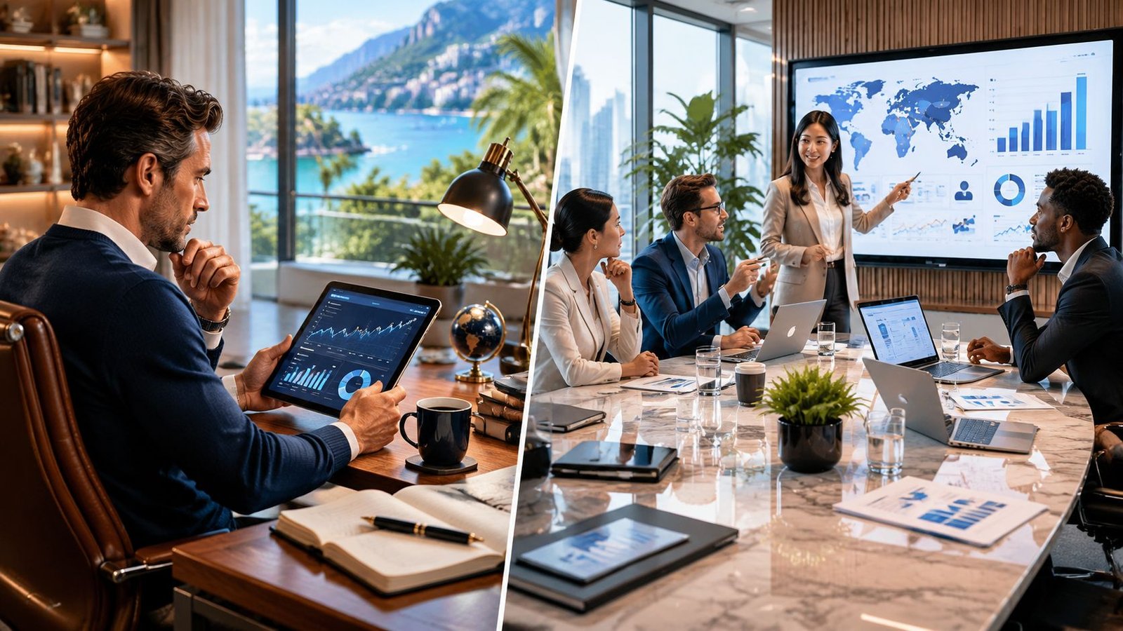 A split-screen image showing a professional working on a tablet and a team collaborating in a meeting.