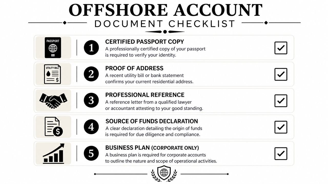 A checklist for opening an offshore account showing five required documents with checkmarks next to each item.