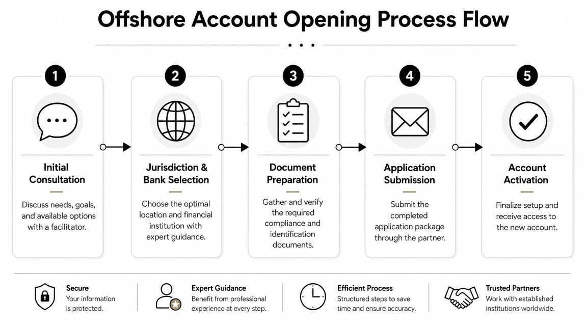 A five-step infographic showing the streamlined process for opening an offshore bank account with expert guidance.