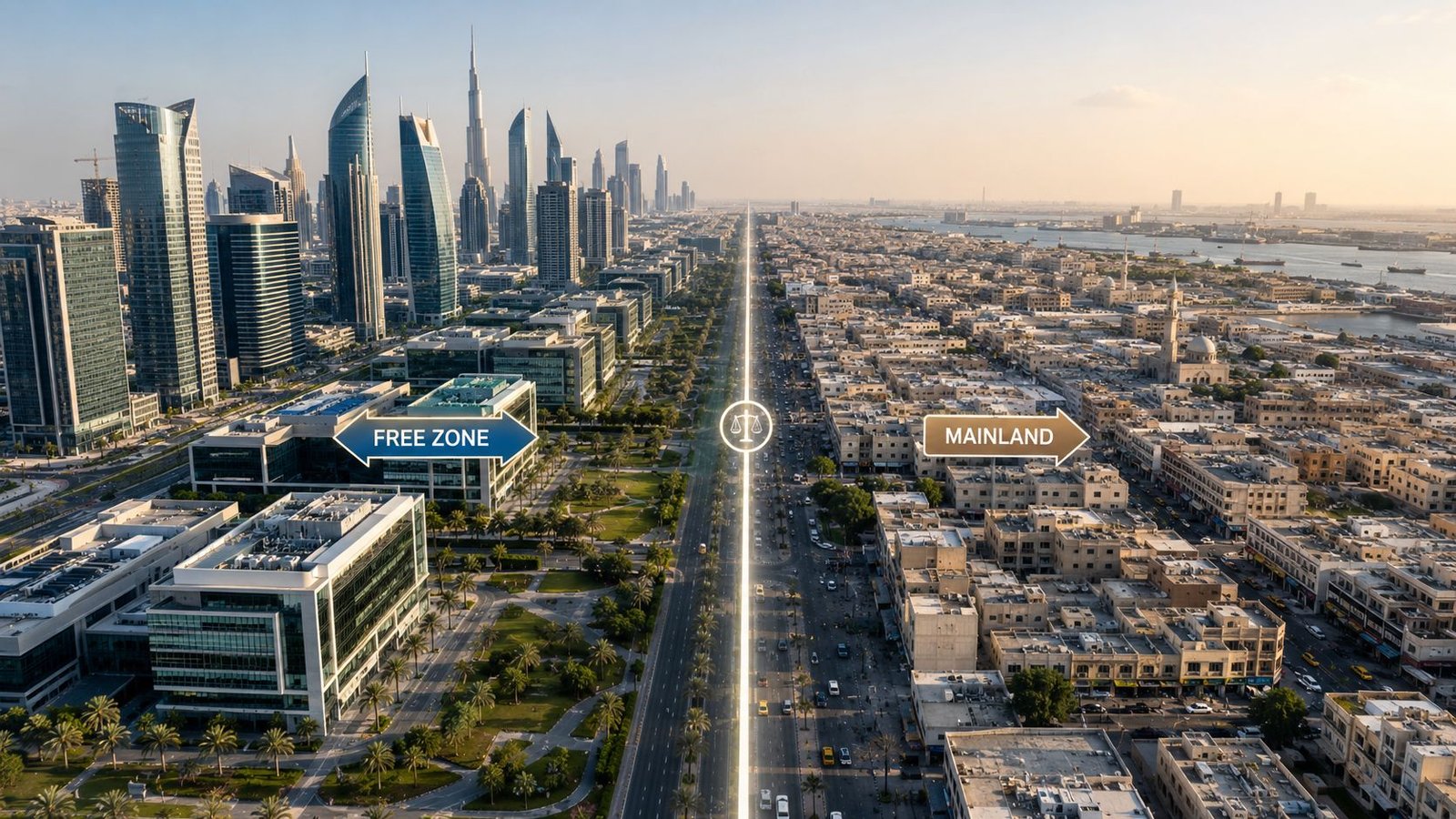 A dual perspective of Dubai showing modern skyscrapers in the free zone and traditional architecture in the mainland.