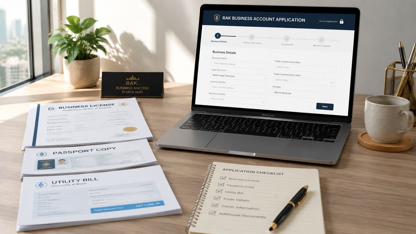 A modern workspace featuring a laptop open to a RAK business account application form with office documents.