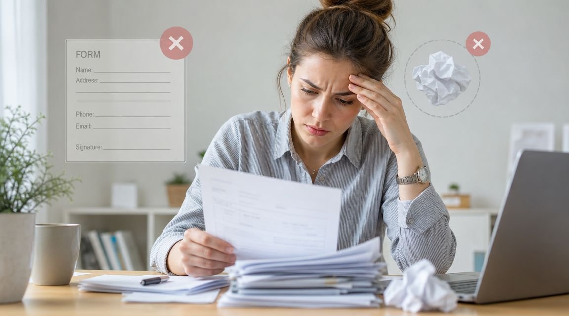 A stressed woman reviewing complex documents at her desk, symbolizing difficulties with paperwork and visa processing.