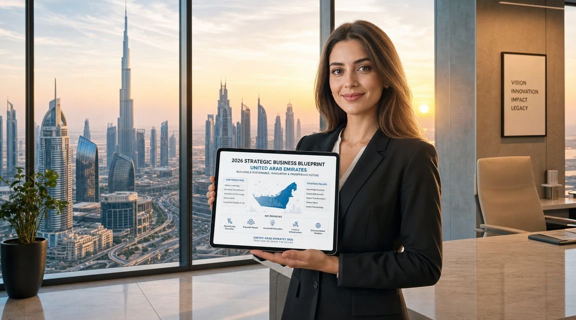 A professional woman holding a tablet displaying a 2026 strategic business blueprint for the United Arab Emirates.