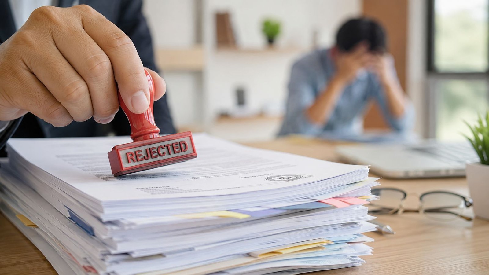 A professional hand stamping a stack of documents with a red rejected stamp in an office setting.