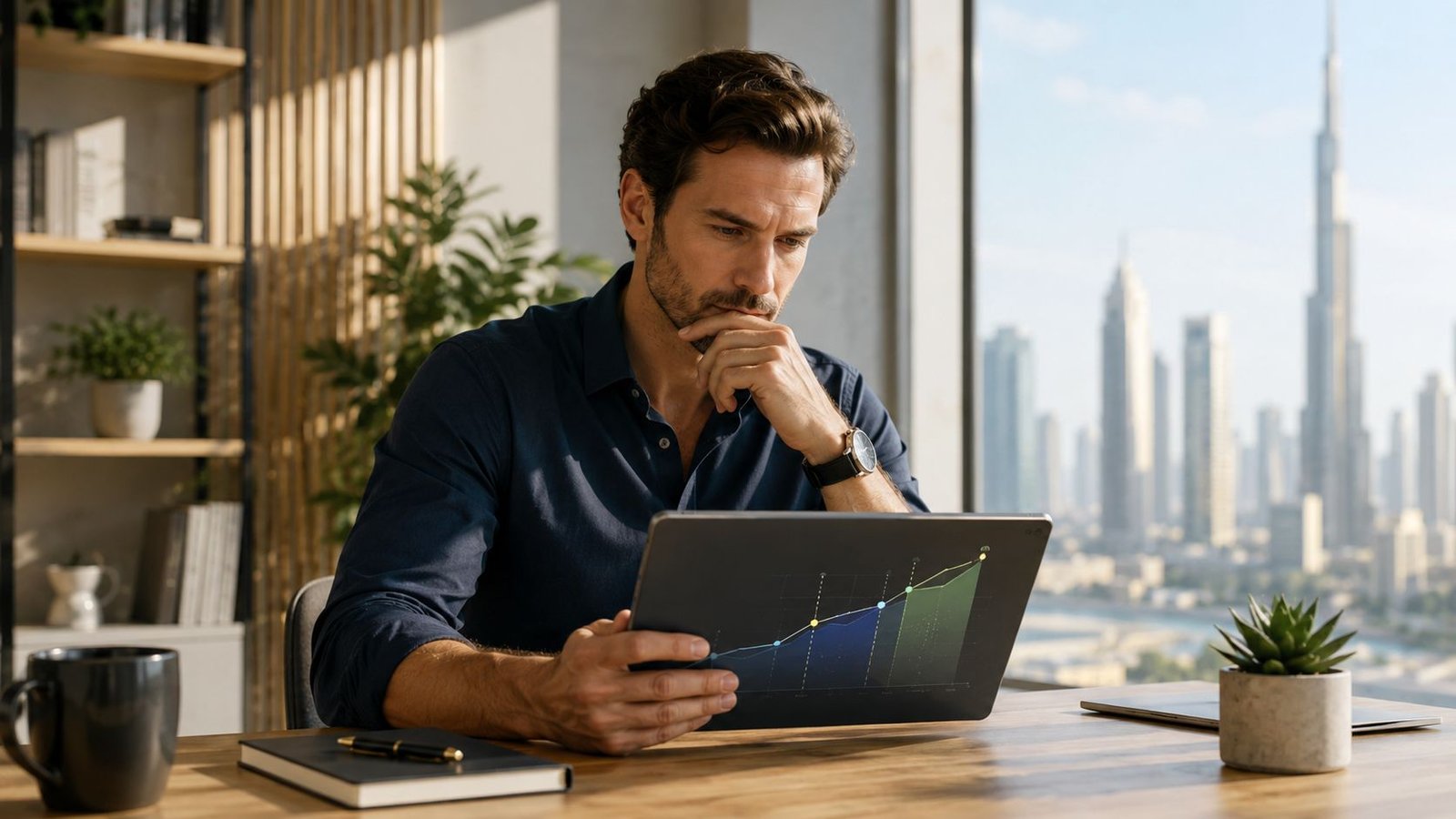 A professional man analyzing financial growth charts on a tablet in an office overlooking Dubai skyline.