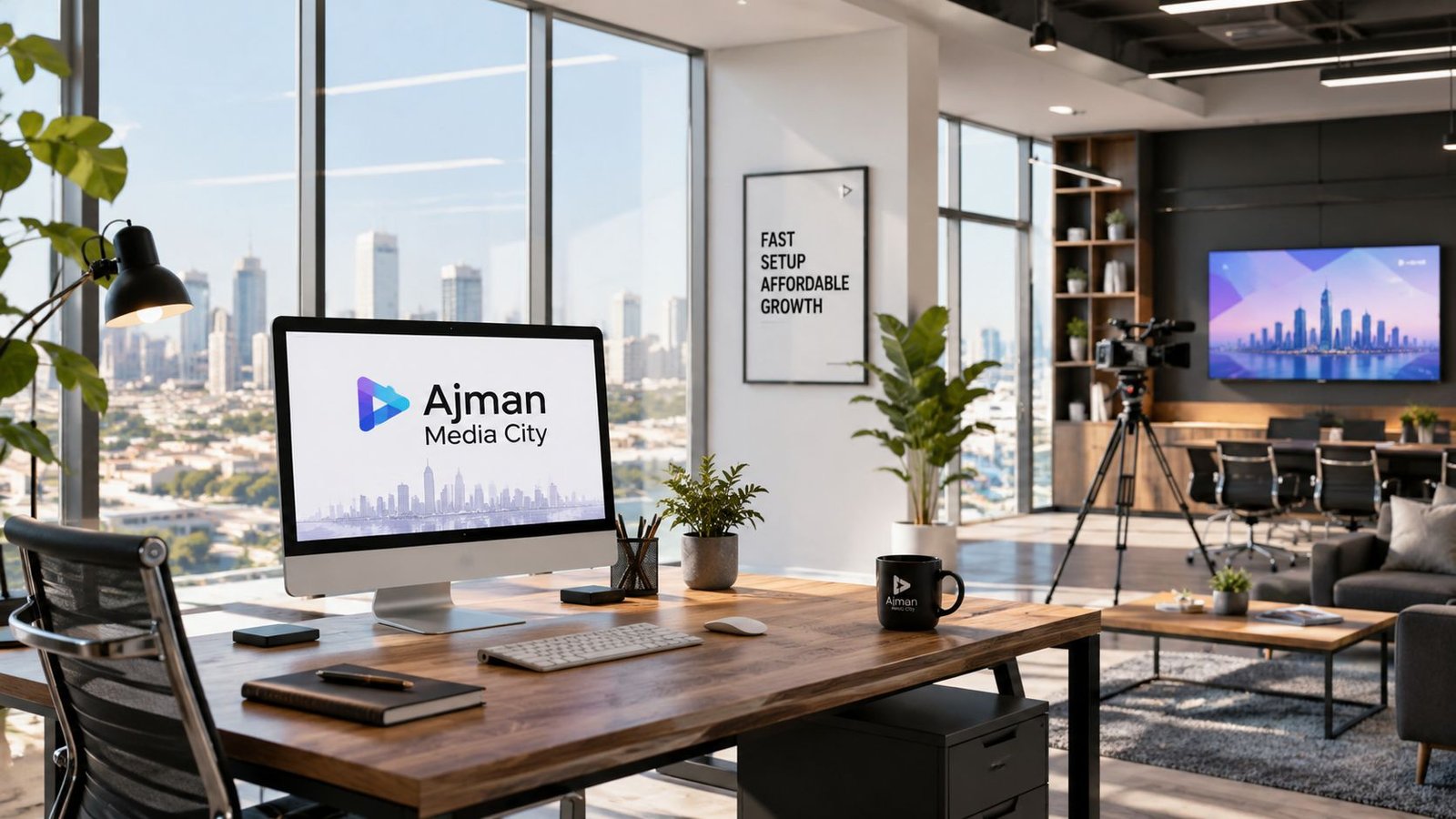 A modern, professional office workspace in Ajman Media City with a computer, desk, and city views.